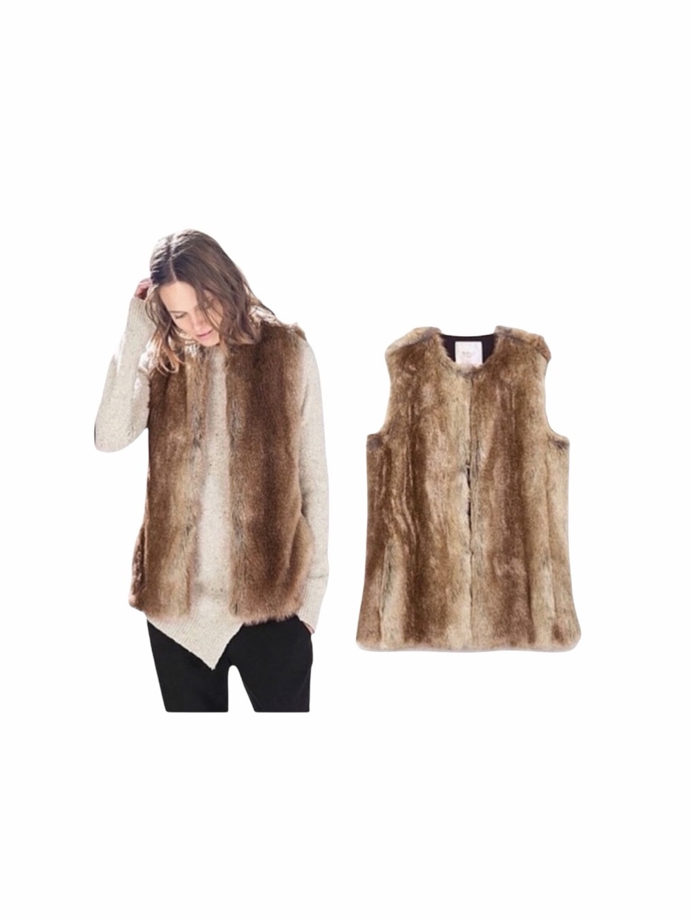 Zara Trafaluc chic glamoratti earth tone brown warm faux fur vest size small